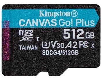Kingston Canvas Go Plus microSDXC Memory Card Gen4 200MB/s A2 U3 V30 512GB Single Pack w/o ADP Card only-SDCG4/512GBSP