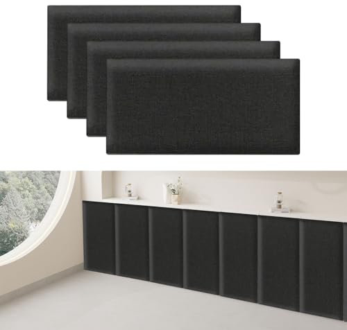 KAHCOP 4 Stück Wandpaneele gepolstert, Baumwolle und Leinen Wandkissen 40x20 cm, Einfache Montage ohne Bohren, Reduziert Schall und Verbessert Akustik, Pflegeleicht (Schwarz)