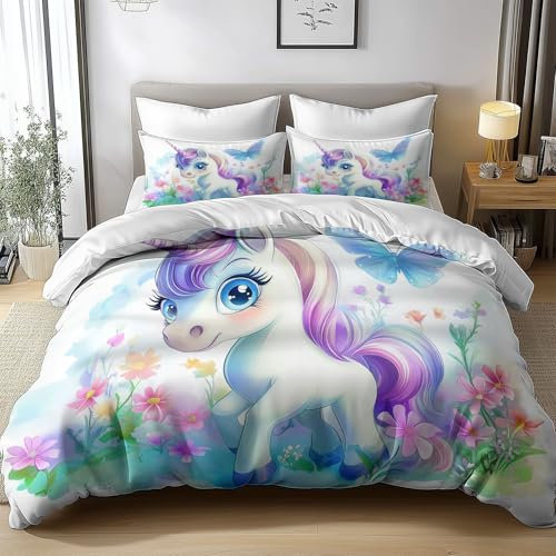 Generisch Bettwäsche Set Cartoon-Einhorn Blumen Und Schmetterlinge 155x220cm Bettbezüge Mikrofaser und Kissenbezug, für Jungen und Mädchen Kinder, Pflegeleicht Wendbar und Superweich,Weiß