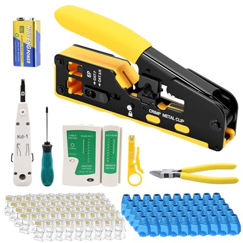 Set di attrezzi di rete, Pass Through RJ45, pinza crimpatrice per Cat5, Cat6, Cat7, con 50 connettori LAN, spelafili, tester di rete, kit di riparazione di rete professionale RJ45/RJ11/RJ12, con