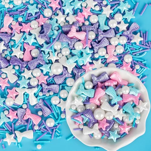 Essbare Meerjungfrauen Streusel,130g,Perlen Sterne Mix,Kuchen Zuckerdeko | Ocean Zucker Perlen Jimmies,Sommer Spaß Backdekorationen,Kekse,Donuts,Eis,Cupcake Topper,Geburtstag Kinder Party Zubehör