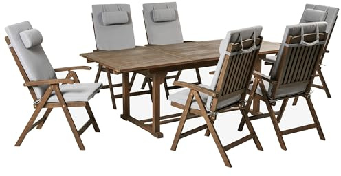 Beliani Acacia Rustic 6 Seater Garden Dining Set Extending Table Reclining Chairs with Light Grey Cushions Amantea Premium