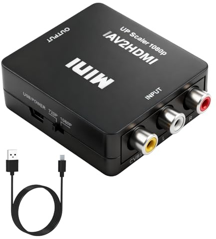 Ouitble Convertidor de interfaz multimedia RCA a HD, 1080P AV a HD, interfaz multimedia, adaptador de audio de vídeo para PC/WII/N64/TV/PS3, compatible con PAL/NTSC con cable de carga USB