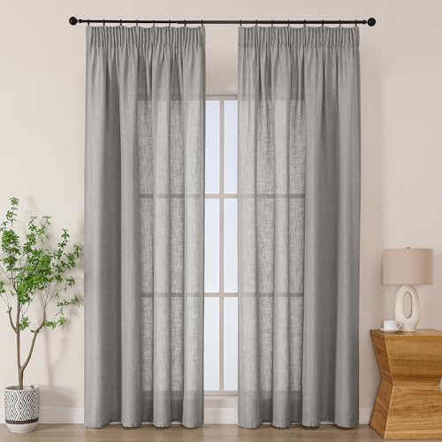 Simplebrand Vorhänge Leinen Kräuselbandvorhang Leinenoptik Vorhang Boho Gardine mit Kräuselband Semi-transparent Leinenvorhang Gardinen Bohren Curtains 2er Set für Schlafzimmer Grau HxB 229x140 cm