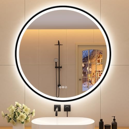 STARLEAD Badspiegel-Rund-mit-Beleuchtung 90cm Diameter, LED-Spiegel-Rund mit Bluetooth, Dimmbar, 3 Lichtfarben, Entfogging, Memory of Light, IP44 HD Hartglas Schwarz Badezimmerspiegel
