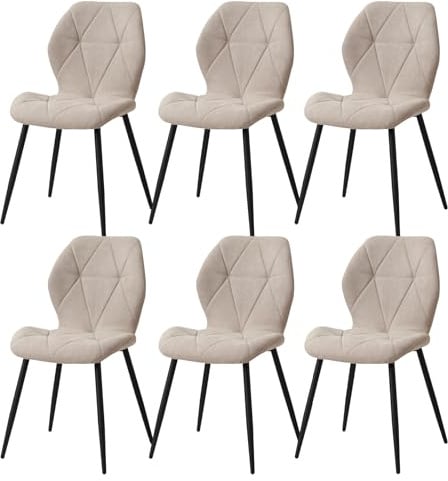 GrandCA HOME Set di 6 Sedie da Pranzo, Sedie da Pranzo Imbottite, Sedie da Cucina Nordiche con Gambe in Metallo, Cuscini in Tessuto a Rombi, Beige-R