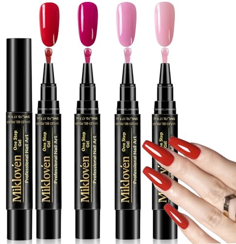 4 Pack Gel Nail Polish Pen Set – 3-in-1 Quick-Dry UV-Cured Gel Formula, Red Wine Pink Nude Red Shades with Glossy Long-Lasting Finish, Easy-to-Use Portable Nail Art Pens, Beginner-Friendly for DIY