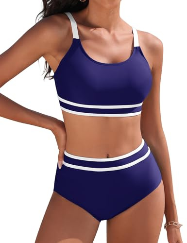 Tuopuda Maillot de Bain Femme 2 Pieces Taille Haute Push Up Rembourré Sport Bikini Deux Pièces Haut avec Bas de Maillot de Bain Swimwear de Plage Beachwear Été, Bleu Marine, L