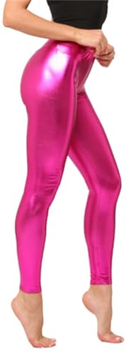 Silber Metallic Leggings Damen Glänzend Kunstleder Wetlook Leggings PU Leder Yoga Hose Tanzhose 70er 80er 90er Party Tanz Disco Karneval Alien Kostüm Leggins Lederoptik