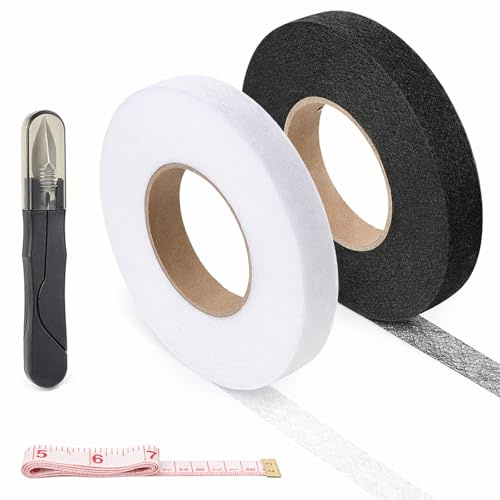 2 Rollen Saumband zum Aufbügeln mit Maßband Schere Klebeband zum Aufbügel | Waschfest Bügelband zum Aufbügeln Nahtband Hemming Tape Selbstklebendes Bügelband für Vorhang Gardinen Hosen Kleidung Jeans