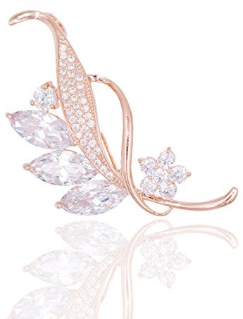 Hasnsofie Femme Broche Argent 925 Plqaué Or Rose avec Zircone Cubique en Forme de Fleur Feuille Éépingle Avec Chaîne en Acier Inoxydable Multi-usages Comme Broche Collier Pull Manteau Costume Cadeau