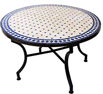 ORIGINAL Marokkanischer Mosaiktisch Couchtisch ø 100cm Groß rund | Runder Kleiner Mosaik Gartentisch Mediterran | ALS Tisch Beistelltisch für Balkon oder Garten | Marrakesch Natur Blau 100cm