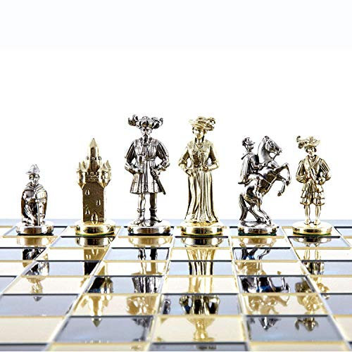 Manopoulos Knights Chess Set - Brass&Nickel - Blue chess Board