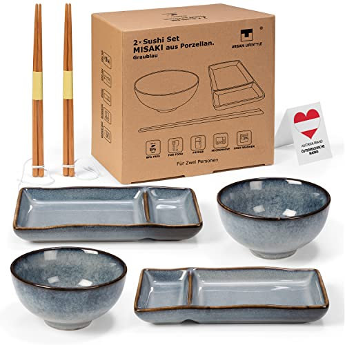 Sushi Geschirr set Misaki Graublau für 2 Person, Sushi Set Japanischer Geschirr für Miso Suppe Maki Sushi Reis, Geschirr Set aus 2 Sushi Teller Set, 2 Schalen aus Keramik, 2 Paar Sushi Stäbchen