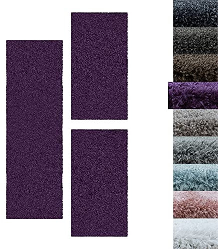 SIMPEX Bettumrandung Schlafzimmer 3teilig Shaggy Hochflor Teppich Lila Bettset: 2 mal 80x150 + 1 mal 80x250 - Schlafzimmer Teppich 3 Teilig Läufer Extra Weich Flauschig Bettvorleger Läuferset Halı