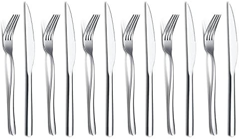 Set Di Coltelli Da Bistecca 12 Pezzi,Set Di 6 Forchette E 6 Coltello Da Tavola In Acciaio Inossidabile Premium,coltelli da bistecca forchette da bistecca per 6 persone (Argento Lucido)