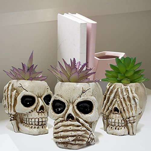 3 pots fleurs en résine en forme tête mort pour cactus, pots fleurs, pot à crayons pour la maison, le bureau, le bar, le jardin