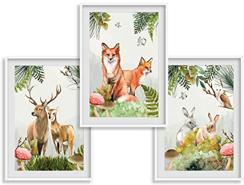 3 affiches animaux forêt décoration A3 - Chambre salon design - garçon fille adulte enfant - Motif Cerf Lapin Renard - Idée cadeau - Anniversaire - Thème forêt - Poster nature