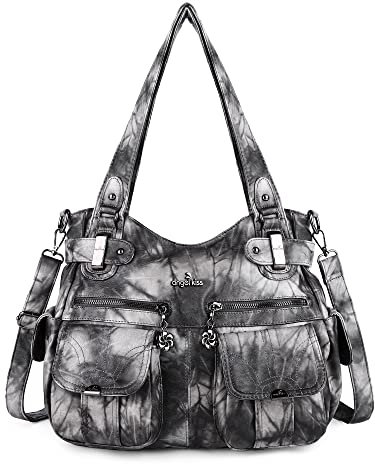 Geldbörsen und Handtaschen Damen Tragetasche Schulter Top Griff Satchel Hobo-Taschen Mode Washed Leather Purse.., 7028#14 schwarz grau
