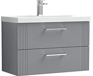 nuie DPF295A Deco Modern Bathroom Wall Hung 2 Drawer Part Fluted Vanity Basin Unit with Mid-Edge Ceramic Basin, 800mm, Satin Grey