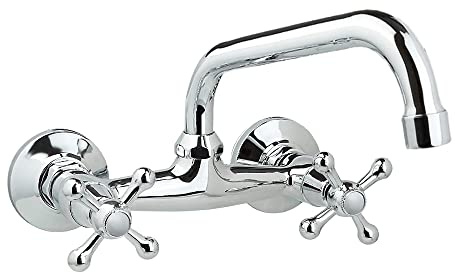 Wasserhahn Wandmontage, Küchenarmatur Nostalgie Zweigriff Wandarmatur Auslauf von Oben, Chrom Glänzend, Retro Design