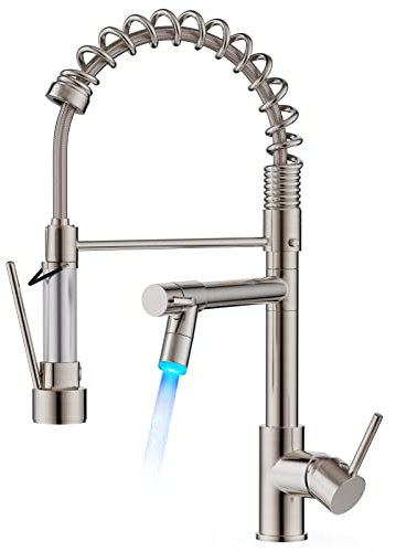 FORIOUS LED Robinet Cuisine, Mitigeur Cuisine, à Deux Poignées, Pivotant à 360°et Double Pulvérisation, Acier Inoxydable