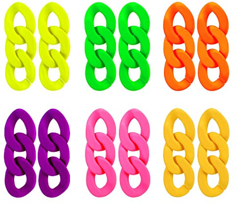 PHOGARY Neon Ohrringe 80er Jahre Halloween Accessoires, Lange Acryl Kette Link Ohrringe Retro Hängend übertrieben 80er Jahre Neon Schmuck Pink für Damen Geschenke für Frauen, 6 Farben