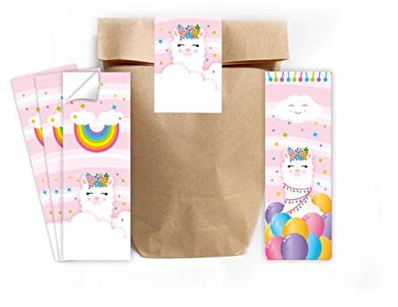 12 Lesezeichen + 12 Geschenktüten (natur) + 12 Aufkleber Lama Mitgebselset Gastgeschenke für Kindergeburtstag Mädchengeburtstag
