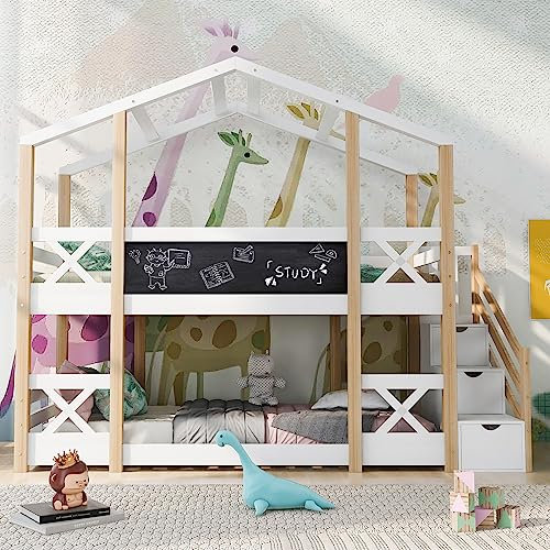 FEZTOY Kinderbett Baumhaus mit Speicherung und Rausfallschutz 90 x 200 cm, Hochbett mit Tafel Etagenbett Hausbett Jugendbett für Kinder– 2X Lattenrost- Natur & Weiß(mit Speicherung)