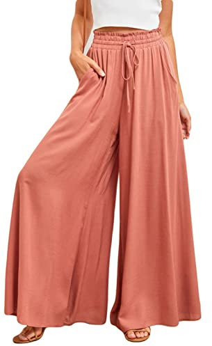 ASKSA Damen Breites Bein Hose Sommer Hohe Waist Plissee Hosen Elegante Einfarbig Leicht Hosenrock Sommerhose mit Tasche Freizeithose (Rot,XXL)