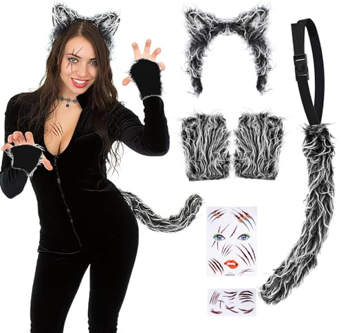 Hysagtek Wolf Kostüm, Werwolf Kostüm mit Werwolf Haarreifen,Schwanz,Pfoten Kostüm & Aufkleber Accessoires für Cosplay Geburtstag Party Faschingskostüme & Karneval Party