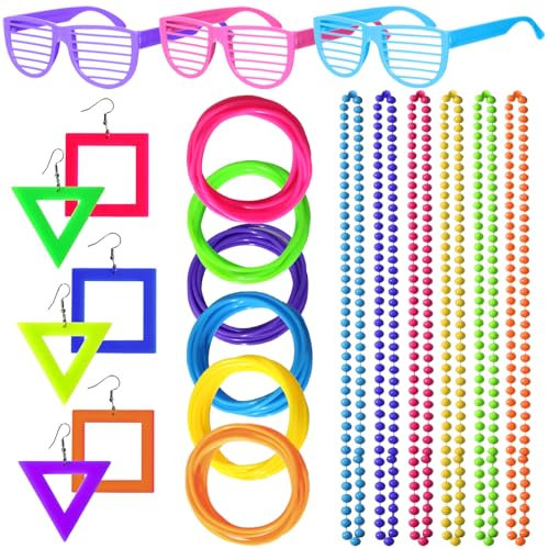 Peirich 80er Jahre Outfit Party Zubehör für Frauen, einschließlich Neon Ohrringe Halsketten Bunte Rock Pop Star Disco Slap Armbänder Bands Gläser für Retro 80er Jahre 90er Party
