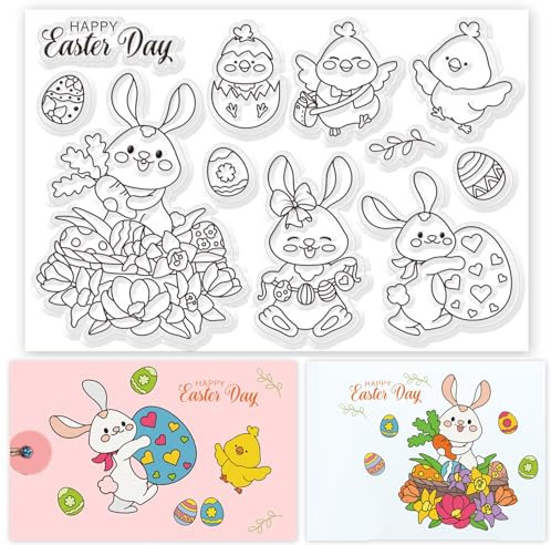 ORIGACH Osterhase Küken und Eier klare Stempel für Kartenherstellung Frohe Ostern Transparente Silikonstempel für DIY Ostern Scrapbooking Journaling Fotoalbum Bastelzubehör