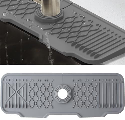 Veki Alfombrilla de Silicona para Grifo, Protector Salpicaduras de Fregadero, Bandeja de Recogida de Goteo, Tapete Absorbente para Fregadero para Proteger Encimera de Cocina y Baño (43 cm, Gris)