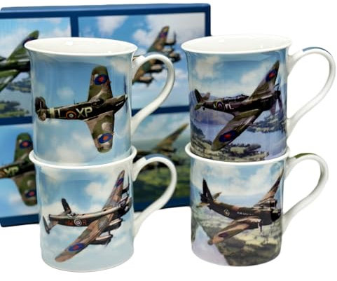 Set of 4 Classic War Plane Mugs 300ml Fine China British Spitfire Coffee Cups