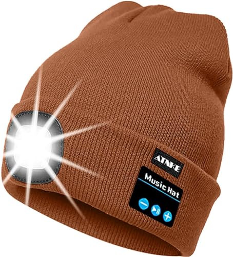ATNKE LED Bluetooth Bonnet Lumineux, Rechargeable USB Rechargeable Musical Running Chapeau Ultra Lumineux 4 LED Lampe Étanche Utilisation Lumière pour Ski Randonnée Camping Vélo/Red Brown