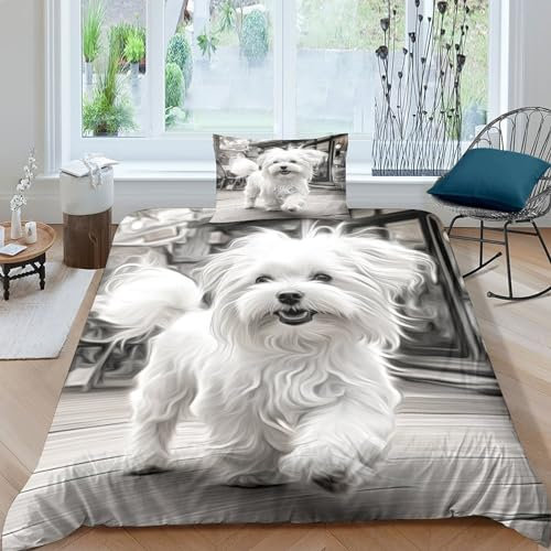 IVYARD Malteser 3D Gedruckt Bettwäsche 3 Teilig Ettbezüge Mit Kissenbezug Soft Microfaser Luxus Modern Mit Reißverschluss Für Erwachsene Und Kinder Single（135x200cm）