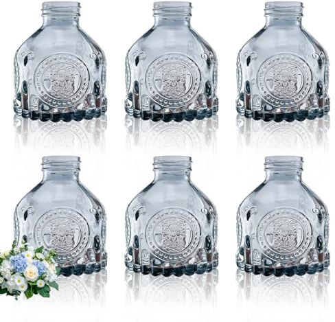 MEETOZ Glass Bud Vases Set of 6, Grey | Mini Vintage Bottles, For Home Wedding Party Event Office, Petite Modern Glass Flower Vase, Floral Arrangements