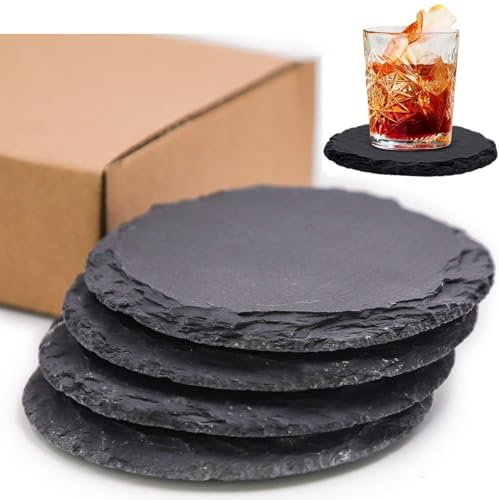LATERN 4 Stück Schiefer Untersetzer, 10CM Runden Schwarzem Stein Gravierbare Blankem Tassen Untersetzer Natürliche Raue Kante mit kratzfester Unterseite für Getränke Kaffee Bar Küche Heim Dekor