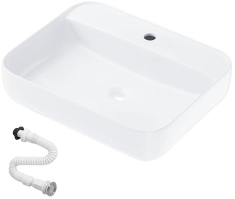 Lavabo de Cerámica, Lavamanos Blanco de Aseo Anti-manchas, Lavabo sobre encimera para Baño, Fácil de Limpiar y con Conexiones Estándar. Ideal para Cocina o Baño. (50x40x14 CM)