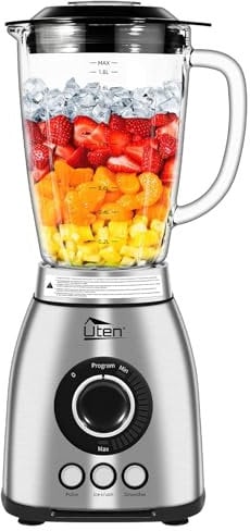 Uten Batidora de Vaso 2L, 1800 W de Licuadora para Batidos, 3 Programas Preestablecidos y 18 Velocidades, Carcasa de Acero Inoxidable, Cuchilla de 6 Hojas, para Hielo Triturado Granos de Cafe Molido