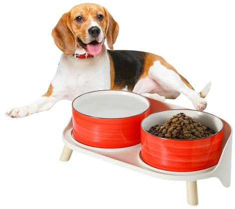 Hunde Napfset Hundenapf Set Erhöht - Doppelnapf Keramik mit Spritzschutz Ständer - Bunte Spirals Hundenäpfe für Futter und Wasser - Ideal für Kleine bis Mittelgroße Hunde - 2 x 800 ml - Rot