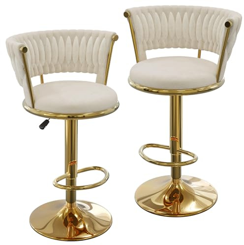 barhocker 2er set, hocker höhenverstellbar mit lehne, Goldener drehstuhl | Weich gewebter hocker, 3-stufiger pneumatischer Hubarm, 360° rollhocker Höhe 70-81 cm, barstuhl für Bar Küche Theke Café