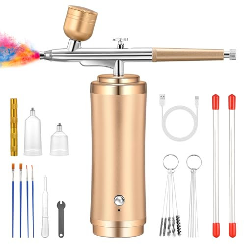 Powate Airbrush Kit with Compressor, 48 PSI Rechargeable Cordless Non-Clogging Air Brush Set with 0.2/0.3/0.5mm Nozzles for Nail Art, Makeup, Cake Decoration, Model Painting(Gold)
