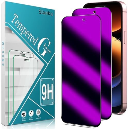 Slanku 2 Stück Sichtschutz Schutzfolie für iPhone 16/15/15 Pro | Buntes Lila Anti-Spy Panzer Schutz Glas, Härte 9H, Blasenfrei, Anti-Fingerabdruck, Anti-Kratzen