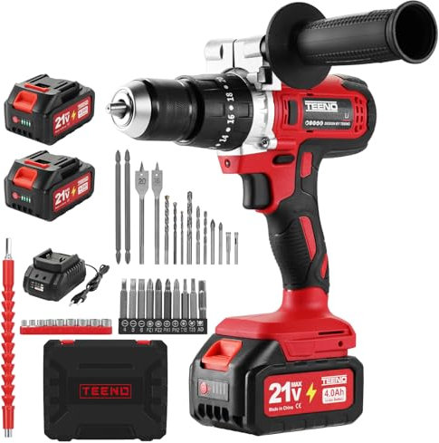 TEENO Trapano a Percussione a Batteria 21V, 90 Nm Avvitatore a batteria con spazzole,Compatibile con le Makita 2 batterie 4,0 Ah, 20+3 Impostazioni di Coppia,2 Velocità, LED,31 Accessori e Valigetta