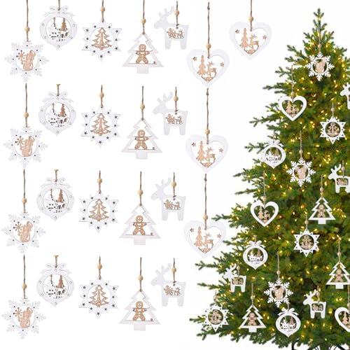 TYXHXTF 24 Piezas de Madera para Árbol de Navidad, Adornos Colgantes, Adornos Navideños, Decoración Navideña Madera, Decoraciones para Árbol de Navidad Navidad para Fiesta de Navidad