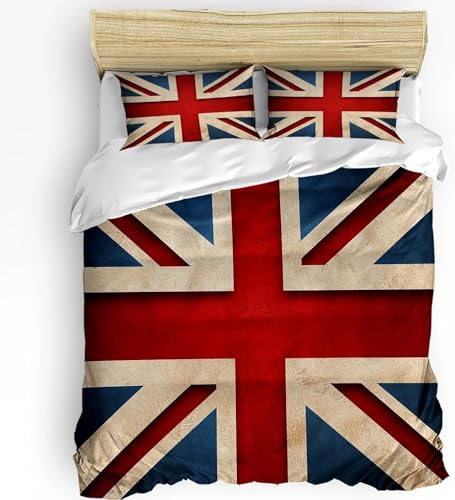 HATEGE 3D England Bettwäsche 135x200 Flagge 3 Teilig Weiche Mikrofaser Bettwäsche England Bettbezug Set und 2 Kissenbezug 80x80 cm mit Reißverschluss L1906