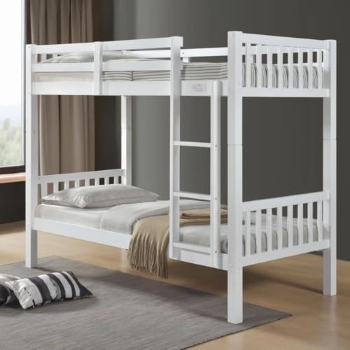 Reinforced Beds 3FT KELLING BUNK BED – Solid Rubberwood Frame, Heavy Duty Bunk for Adults & Kids, Right-Hand Ladder, Space-Saving Shaker Design, 22mm Thick Wooden Slats (White)