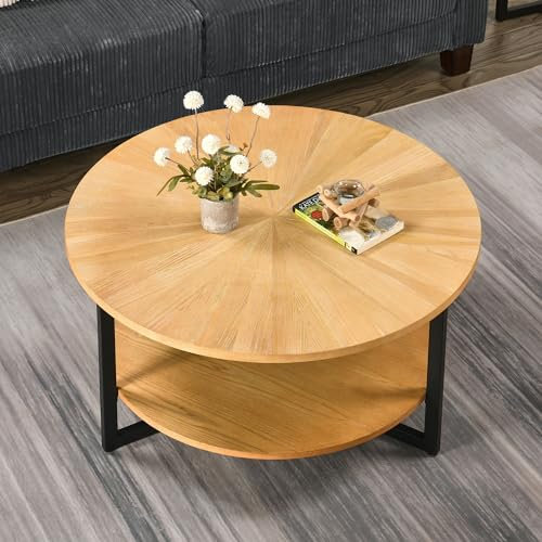 PADMA HOUSE Round Coffee Tables for Living Room, 2 Tier Solid Wood Coffee Table with Storage, Circle Coffee Table with Black Metal Legs Easy Assembly (Oak Wood, 85D * 45.3H)